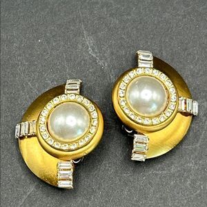 Linda Levinson Half Moon Deco Style Pearl Rhinestone Matte Gold Clip Earrings